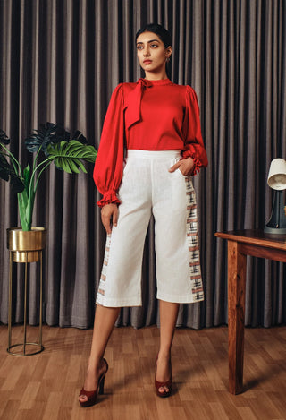 Ivory Linen Culottes and Red Blouse